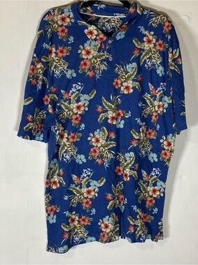 Caribbean Joe Hawaiian Floral Polo Shirt XXL Blue Tropical Island Resort